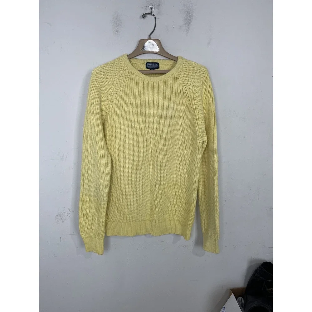 Lands End Mens Sweater Large Fisherman Cotton Rib Knit Crew Neck Yellow Vintage‎